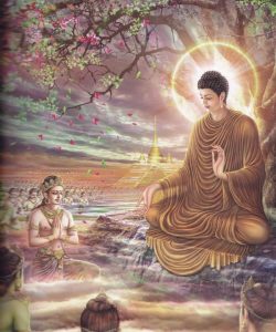 the-buddha-accepted-a-devas-request-to-ascend-to-the-heavenly-realm-for-a-sermon-in-repaying-the-kindness-of-his-late-mother-queen-maya